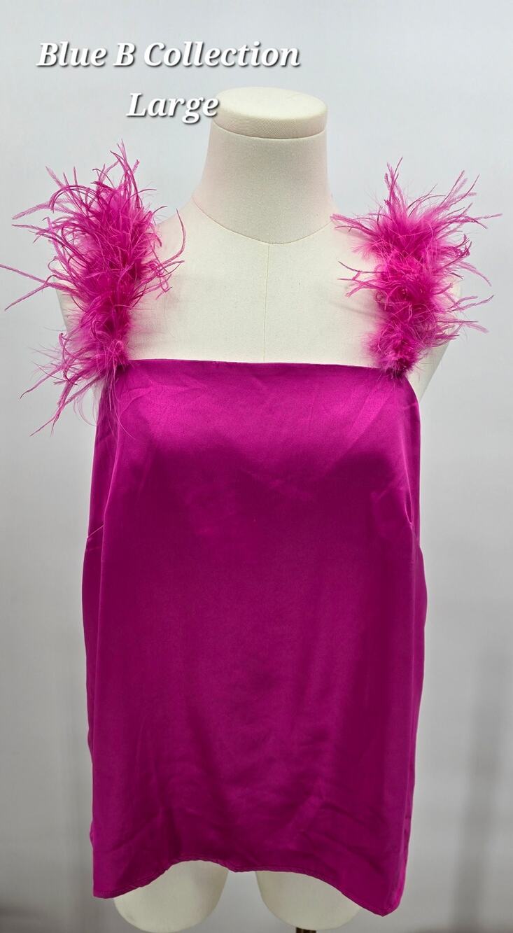 Blue B Collection Barbiecore y2k Party Glam Fushia Satin Feather Strap‎ Tank